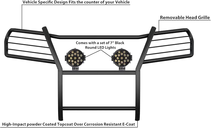 Black Horse Grille brush Bumper Guard Modular Come With pair of 7.0"Dia.LED Lights with Black Trim Rings Compatible with 2016-2019 Honda Ridgeline-17H01MA-PLB