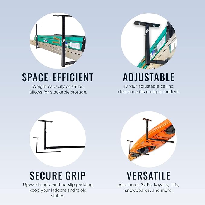 StoreYourBoard Adjustable Ceiling Rack – Hi Port 2 Garage Ceiling Ladder Hanger | Adjustable Overhead Ladder Storage for Step & Extension Ladders | Garage Organization | Holds 75 lbs