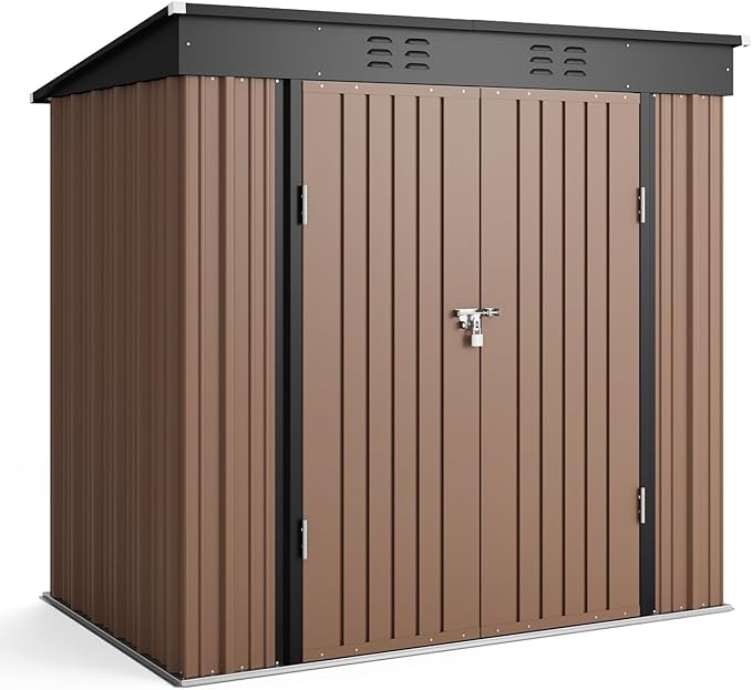 Bealife Outdoor Storage Shed Clearance, Metal Outdoor Storage Cabinet, Waterproof Tool Shed, Lockable Backyard Shed for Garden, Patio and Lawn (Brown, 6' x 4')