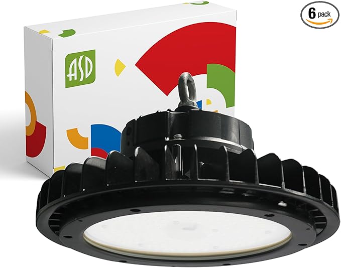 ASD LED High Bay UFO Light Fixture, Commercial Shop Lighting | Dimmable, IP69K Waterproof, DLC Premium, UL Listed | 100W 14600LM 3500K 100-277V | Warehouse, Garage, Workshop, Barn Lamp | Black, 6 Pack