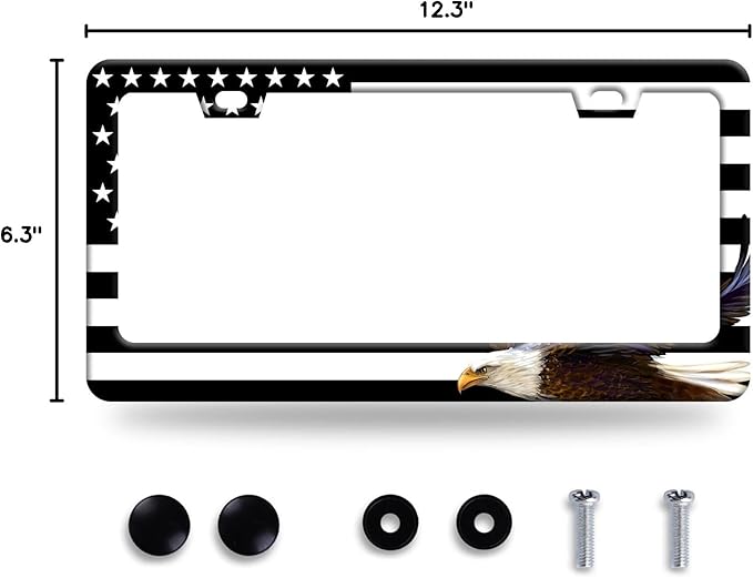American Flag and Eagle License Plate USA Flag License Plate Stainless Steel Parts Funny License Plate Decorative with Screws Size 12.3" x 6.3" for Women Men