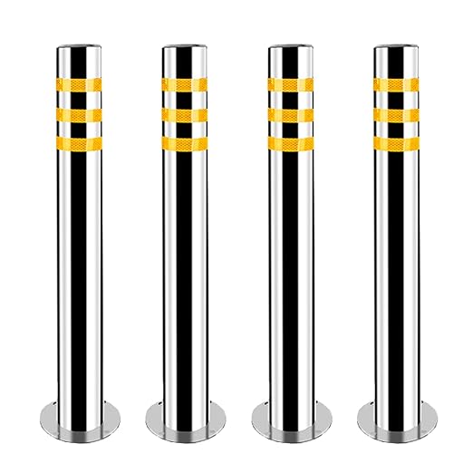 Stainless Steel Parking Bollards for Driveway, Industrial Safety Bollards Reflective Channelizer Post, Parking Barrier, Sturdy and Durable, Easy to Install, for Crowd Control(Silver (4pcs),7.6*60cm/3*