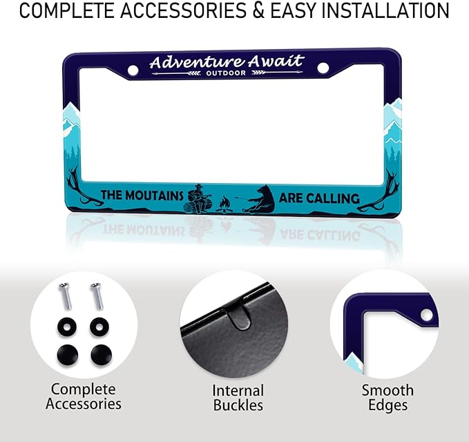 Adventure Await License Plate Frame, Mountains Forest Bear Outdoor License Plate Holder Cover, Metal Aluminum Rustproof Car Accessories for Men Women, Great Gift for Hiking Camping Enthusiasts