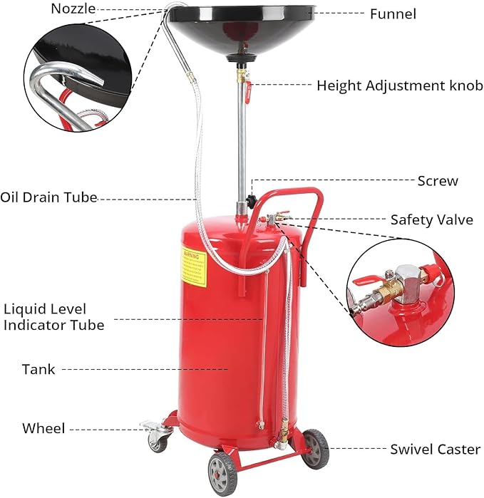 20-Gallon Waste Oil Drain Tank, Air Operated Portable Oil Drainer with Adjustable Funnel Height, Fluid Fuel Transfer Drainage with Wheels, Oil Change Container for Garages, Auto Repair Shops