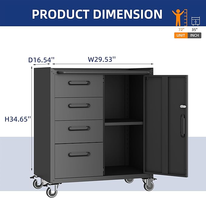 Metal Tool Cabinet,Garage Storage Cabinet System,Wall Cabinet & Locking Rolling Tool Cabinet with Doors and Adjustable Shelves,Steel Tool Cabinets for Home,Office (2 Pcs-StyleF, Black)