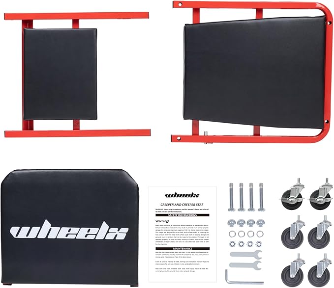 Mechanic Creeper 36 Inches 2-in-1 Z Seat with Brake, 340 lbs Capacity, Foldable Garage Chair Adjustable Rolling Folding with 6 pcs Wheels Roller, Lay Down or Sit Under Car Auto Repair Red Black