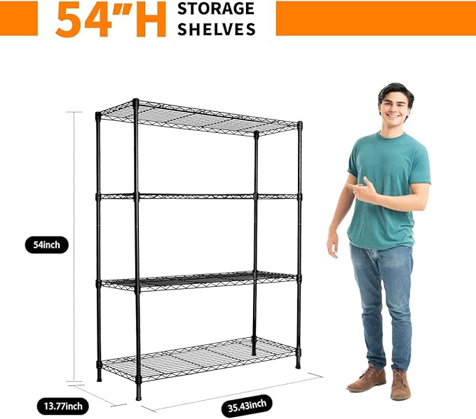 Heavy-Duty Black 4 Tiers Steel 36x14x54 Wire Shelving NSF Certified. Adjustable Storage Rack for Kitchen,Garage,and Laundry Utility Room (4Tiers-36x14x54)