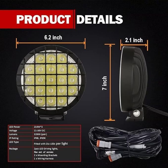 BIGLION.X 6-Inch Round LED Offroad Light 2pcs 210W 32000LM Super Bright Spot Driving Light With Wiring Harness Waterproof IP68 12V 24V for Pickup Trucks UTV SUV