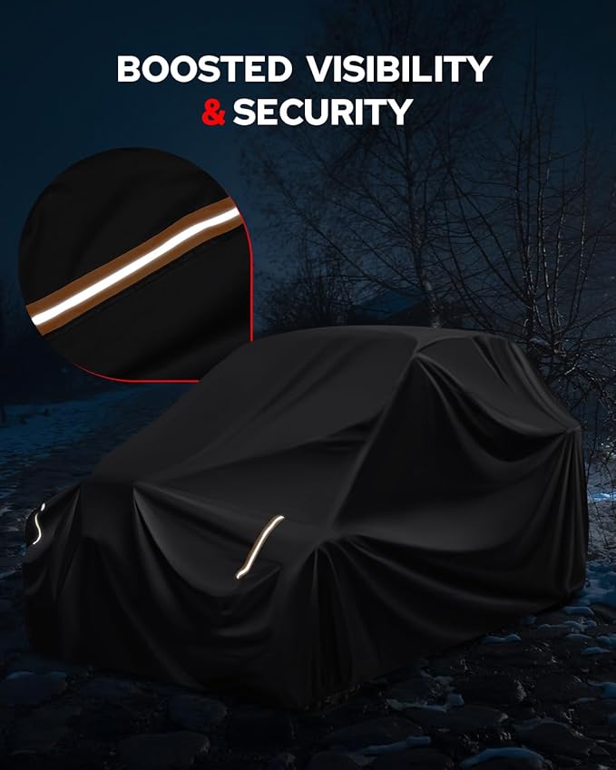 Benlari Heavy Duty UTV Cover - 420D Waterproof Oxford Cloth, PU Coating, 2 Adjustable Windproof Buckles, 4 Wheel Tie-downs and Reflective Strips for Outdoor All-weather Protection (136" x 75" x 69")