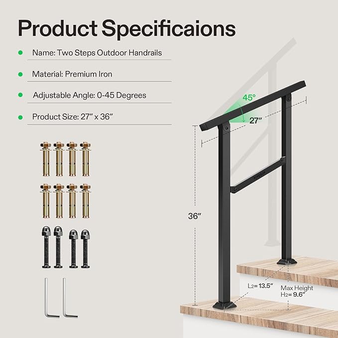 VIVOSUN Outdoor Handrail, 2 Step Stair Handrail, 26" × 36" Fits 1 to 2 Steps, Wrought Mattle Iron Handrail for Concrete Steps, Porch Steps, One-Step Assembly, Black