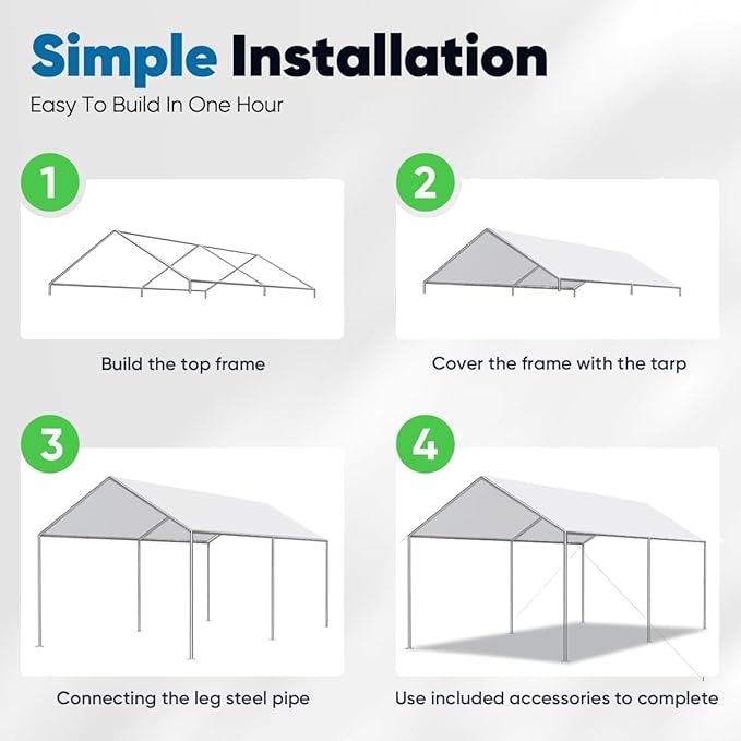 Quictent 10x15 ft Heavy Duty Car Canopy Galvanized Frame Carport Outdoor Party Tent Boat Shelter with 3 Reinforced Steel Cables - White