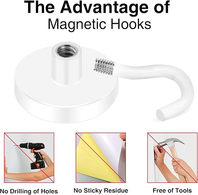 MIKEDE Magnetic Hooks Heavy Duty, 150LB Super Strong Magnetic Hooks for Cruise, Neodymium Earth Magnets with Hook for Hanging, Magnetic Metal Hanger for Fridge, Toolbox, Storage, (White, 4 Pack)
