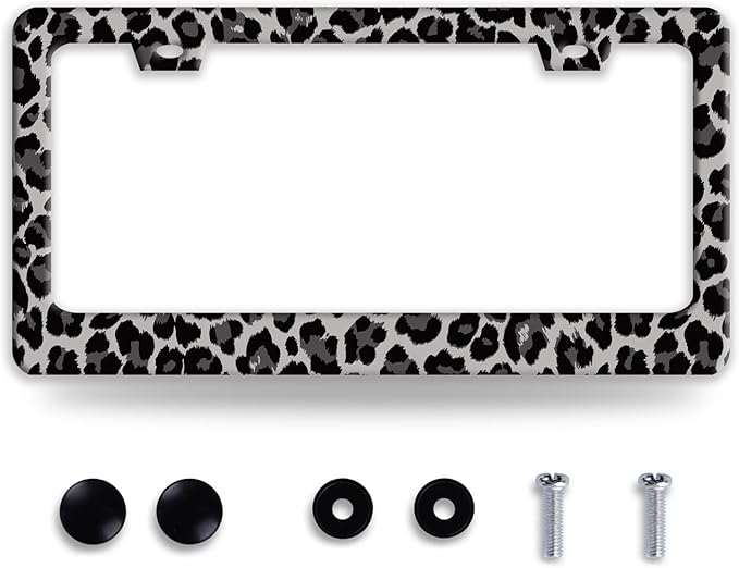 Black Gray Leopard Print License Plate Frame Beautiful Cheetah Print License Plate Holder Funny Stainless Steel Accessories Cars Decor with 2 Holes and Screws Fits Standard Us Ca Vehicles 12.2 X 6 in
