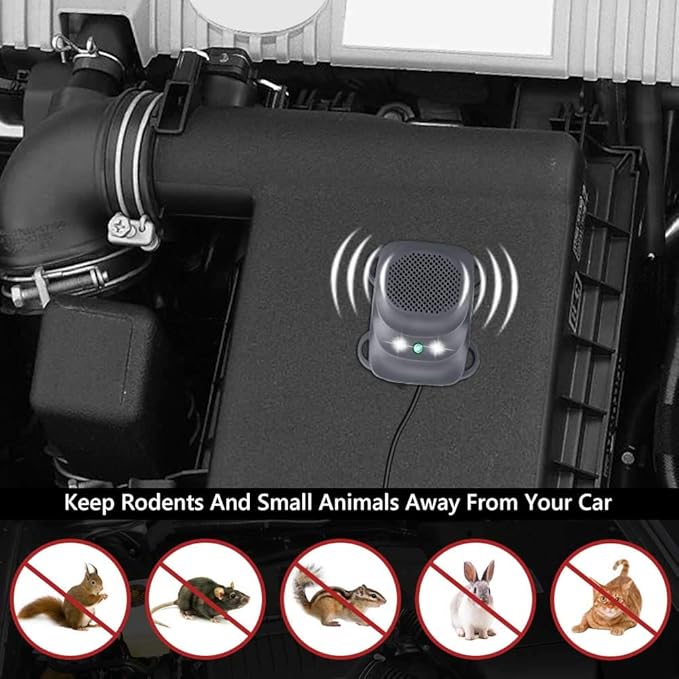 Rodent Repellent for Car Engine Under Hood Rodent Repeller with Strobe Lights Ultrasonic Mouse Repellent Mice Deterrent Squirrel Repeller RV Protection for 12V 24V Car Battery 1 Pack