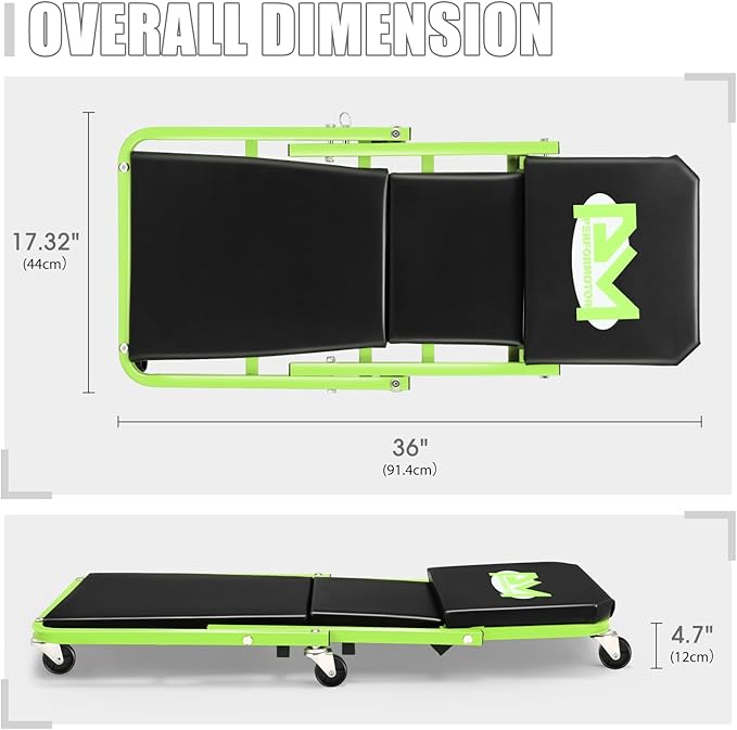 PM PERFORMOTOR 36 Inches Folding 2 in 1 Rolling Z Creeper, Adjustable Roller Garage Chair Lay Down or Sit, 6 Pcs 2" Casters, 150kg Weight Capacity, Green,PM-TOL-CPS36-GR