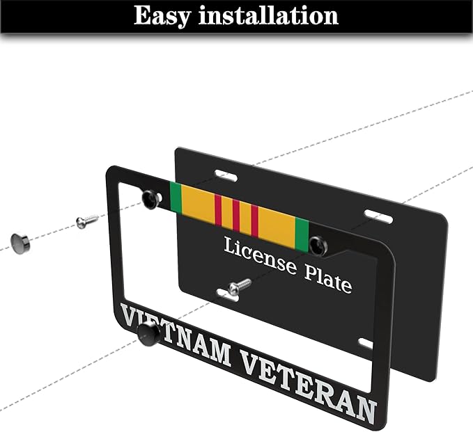 License Plate Cover Black and White License Plate Frames Vietnam Veteran Universal Aluminum Car Accessory 2 Pack with Screw Covers Set