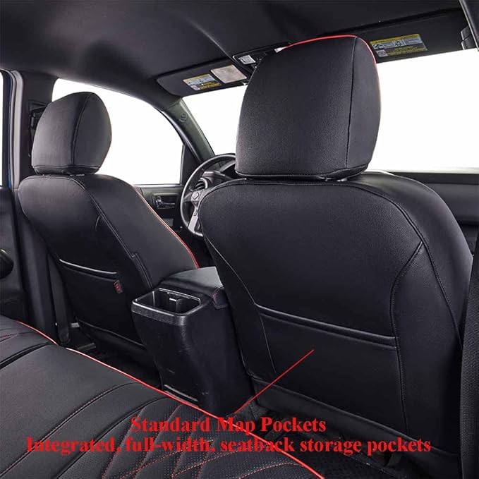 EKR Custom Fit Tacoma Car Seat Covers for Select Toyota Tacoma 2016 2017 2018 2019 2020 2021 2022 2023 Double Cab/Crew Cab - Full Set,Leather(Black with Red Trim)