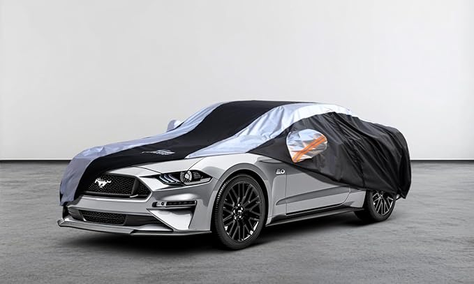 Mustang Car Cover Waterproof All Weather with Silver Strip Design, Custom Fit for Ford Mustang 1994–2025, Mustang Accessory with Door Zipper & Windproof Straps