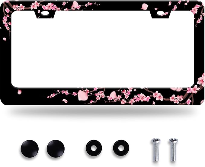 Cherry Blossom License Plate Frame Beautiful Flowers Pink License Plate Stainless Steel Funny License Plate Holder Floral Car Accessories Decoration With Screws Fits Standard Vehicles Size 12.3"x 6.3"