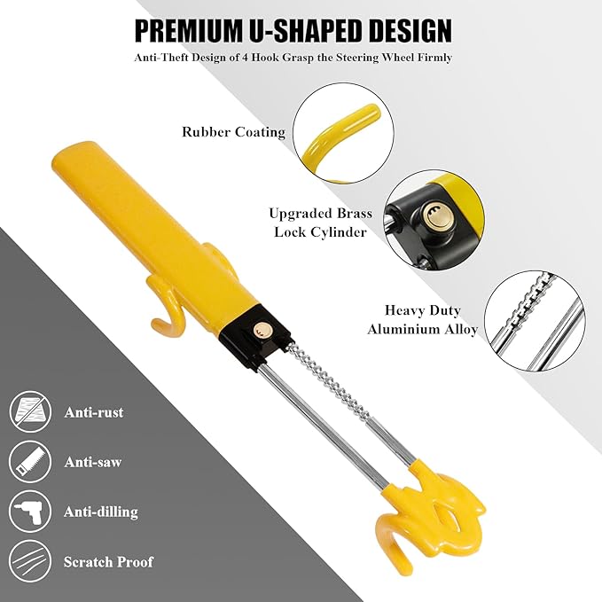 Steering Wheel Lock, Car Steering Wheel Lock Anti-Theft Device, Great Deterrent Adjustable Steering Double Hook Car Column Bar Lock for Car Truck Van and SUV, Heavy Duty Security