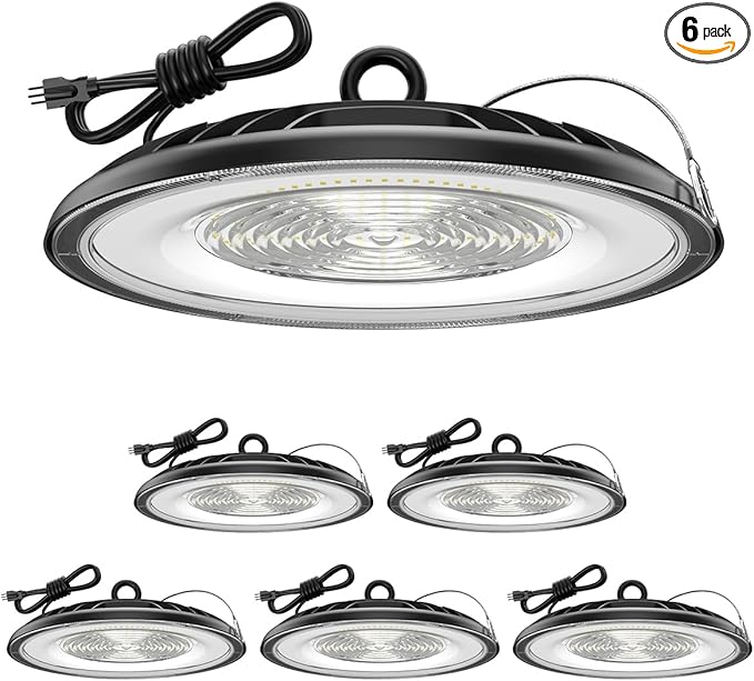 High Bay LED Shop Lights 200W - 28000LM 5000K High Bay Light IP65 Waterproof with US Plug, Hanging Hook, Safe Cable Commercial Bay Lights for Barn, Warehouse ETL Listed 6Pack