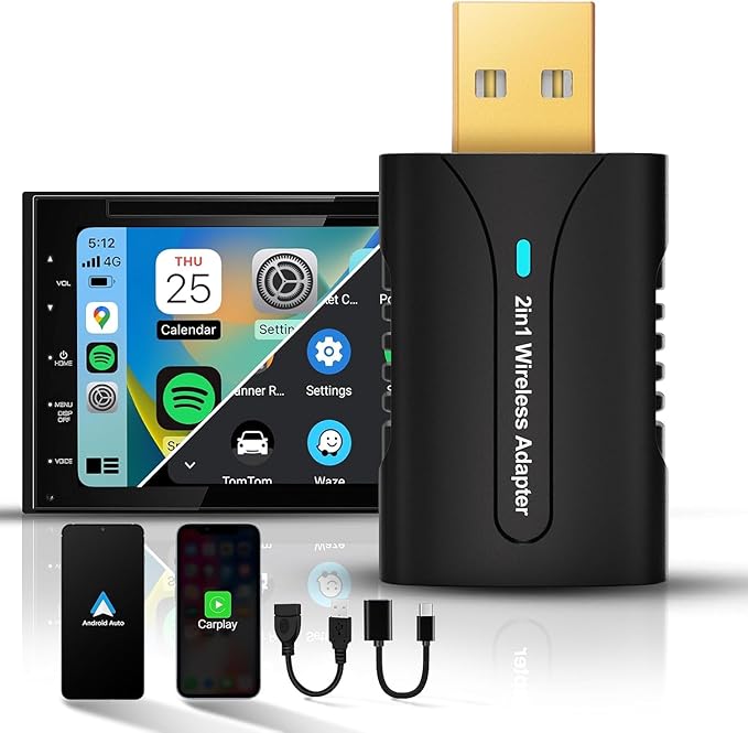 2in1 CarPlay Android Auto Wireless Adapter, Mini Car Play Cars Stick, Fast Auto Connection for OEM Wired Car Play Model 2017 Above, for iPhone iOS 12 /Android 11 Above，Black