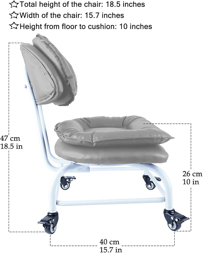 Rolling Stool Wide Seat with Back Rolling Chair 4 Wheels with Brakes for Home Office Garage Shop Waterproof Roller Seat Durable Steel Stand Light Gray