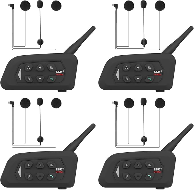 V4 Plus Motorcycle Bluetooth Helmet Intercom Headset, 4 Rides Group Communication System for Motorcycling Soccer Referees Skiing ATV/Off Road (4 Pack)