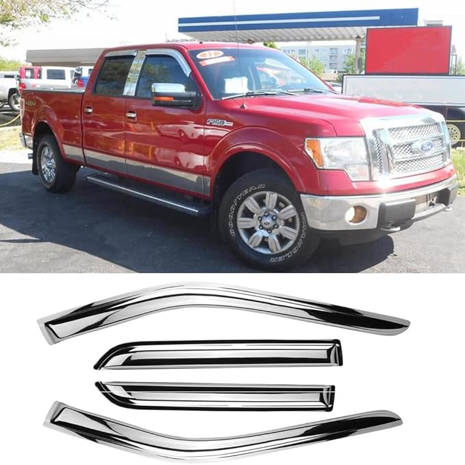 Chrome Side Window Visor Wind Vent Deflector fit for 2001-2003 ford F150 SuperCrew Cab(with 4 Full Size Doors),2002-2003 Lincoln Blackwood,4pcs Outside Mount Style Sun Rain Guards Set 94949Y