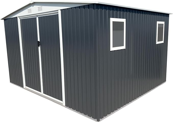 12x10 FT Outdoor Storage Shed with 4 Windows, Durable Metal Garden Sheds w/Updated Frame and Lockable Sliding Doors, Waterproof All-Weather Shelter Tool House for Backyard, Patio, Lawn, Grey