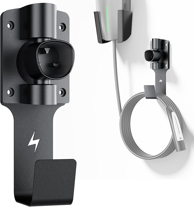 for Tesla Charger Holder, with 180° Rotation Nozzle Dock, Metal J-Hook for Tesla Model 3/Y/X/S Charger Cable Car Accessories Wall Connector Organizer Extra with Mobile Connector Holder