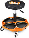 PM PERFORMOTOR Adjustable Height Pneumatic Garage Seat Rolling Mechanic Stool with Tool Tray Storage,300lbs Max Weight Capacity, Orange,PM-TOL-ATS-OG