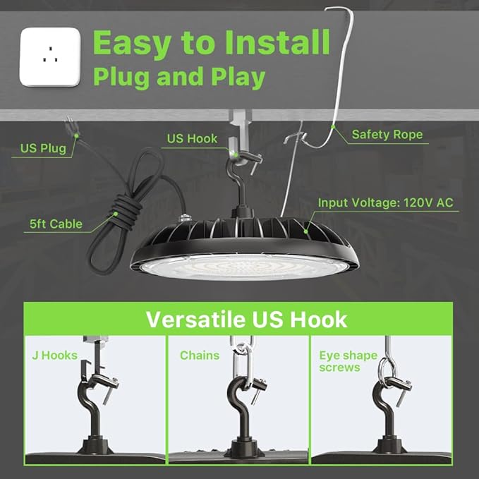 LED High Bay Light 150W, 21000lm 5000K UFO Led High Bay Light(600W MH/HPS Equiv.), Commercial Bay Lighting with 5ft Cable US Plug for Garage Shop Barn Warehouse