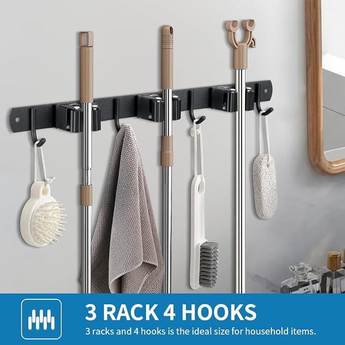 Broom Hanger and Mop Holder, Heavy Duty Garden Tool Organizer Rack Rake and Shovel Handle, Stainless Steel Wall Mounted Utility Rack with Screws (5 Racks with 4 Hooks, Matte Black).