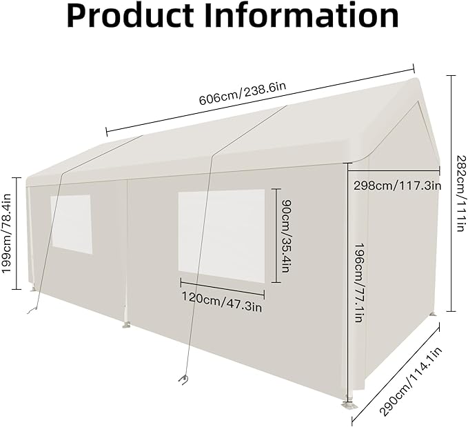 Car Canopy Portable Garage Duty Carport with Roll-up Windows,Portable Garage with Removable Sidewalls & Doors, Car Canopy with All-Season Tarp for Car Boat Truck Motorcycle 10FT×20FT (White)