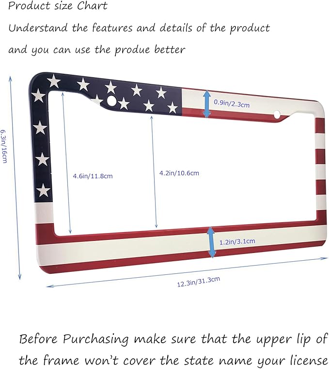 American Flag License Plate Frame,Patriotic License Plate Frame,Flag License Plate Frame US Car Tag Frames Holders Covers Stainless Aluminum 2 Pack 2 Holes Car Accessories