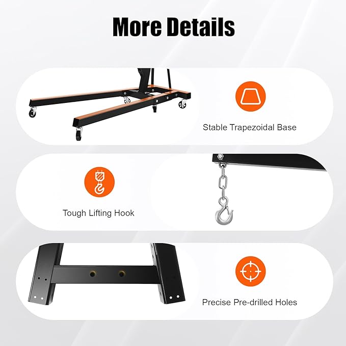 6.89Ft Folding Engine Lift 2 Ton Folding Cherry Picker Shop Crane Hoist Lift Engine Hoist with 6 Wheels Engine Crane Folding Engine Hoist for Car Fixing Workshops Garages (Black)