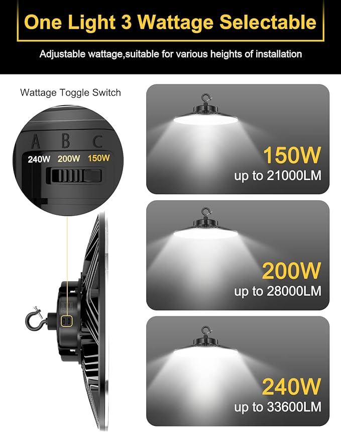 UFO LED High Bay Light, 240W/200W/150W Adjustable, UL & DLC Listed 5000K/4000K/3000K Adjustable, 33600LM 0-10V Dimmable IP65 Waterproof High Bay Lights AC100-277V for Warehouse Factory(9 Pack)