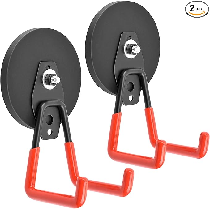 Strong Garage Magnetic Hooks, 45 lbs Pulling 3.46" Large Magnet Hooks for Hanging Heavy Duty, 2 Pack Extra Strong Magnetic Hooks with Anti-Slip Coating, for Cordless Drills, Pegboard, Cruise Cabin