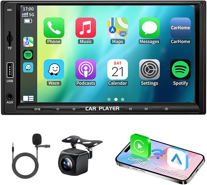 7 Inch Double Din Car Stereo with Wireless Apple Carplay & Android Auto Navi Radio Head Unit with Touch Screen Bluetooth AM/FM Receiver/Mirror Link/Backup Camera/TF/AUX/USB Input