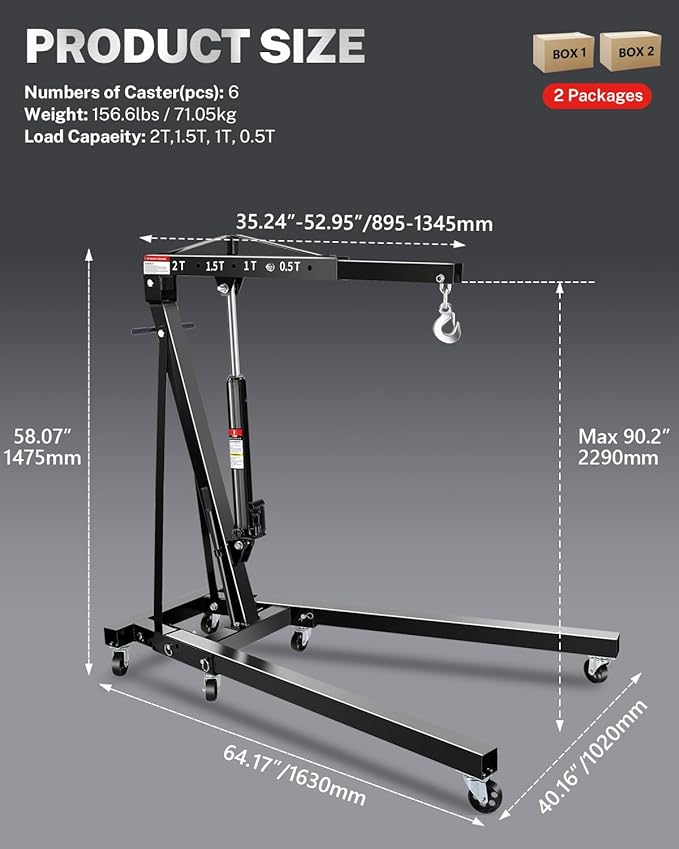 2-Ton Folding Engine Hoist, Hydraulic Shop Crane with 6 Swivel Wheels & Adjustable Boom (0.5T-2T), Heavy-Duty Cherry Picker for Garage, Workshop, Truck, Farm (Net Wt. 157 lbs)