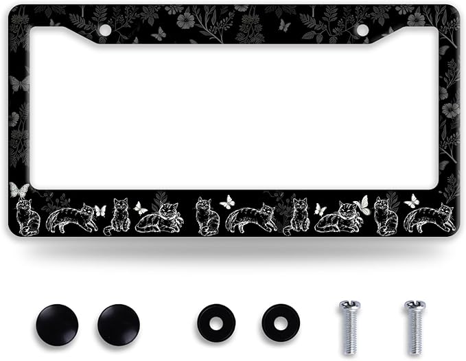 Black White Cat License Plate Frame Butterfly Floral License Plate Frames Funny Auto Accessories Bracket Stainless Steel License Plate with Screws 6x12Inch