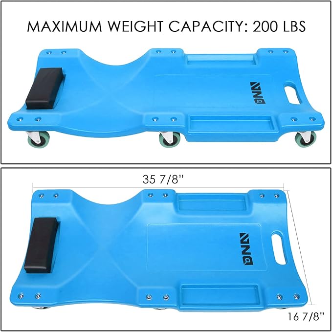 DNA MOTORING 40Inch Low Profile Plastic Rolling Garage Shop Creeper with Padded Headrest,Tool Trays & 6pcs Casters,Blue, TOOLS-00217