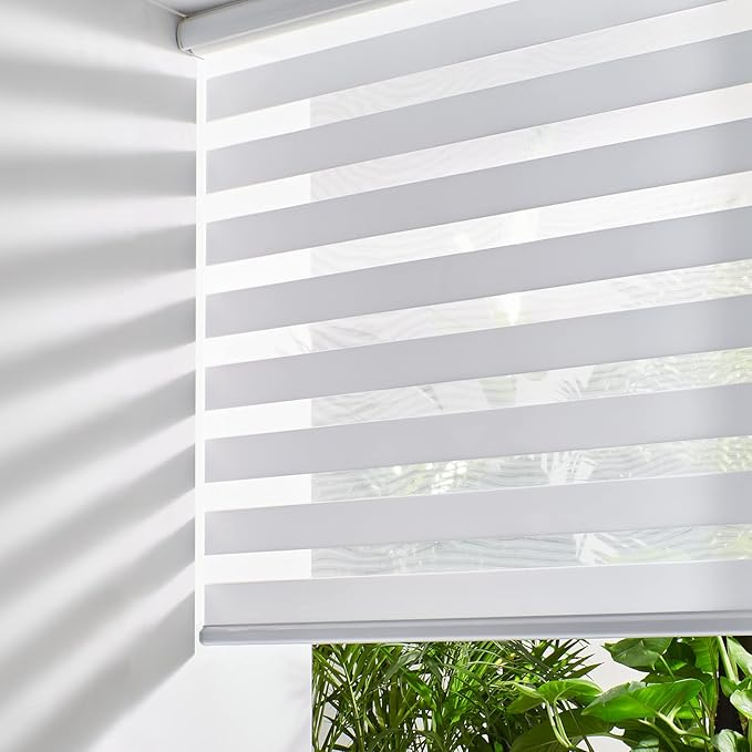 Persilux Cordless Zebra Blinds for Windows Free-Stop Roller Windows Shades (35" W X 64" H, White) Dual Layer Light Control for Day and Night, Light Filtering Sheer Shades for Home, Bedroom
