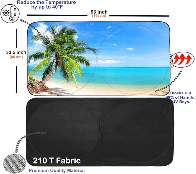 Gven Windshield Sun Shade Car Sun Shade Windshield Palm Tree Windshield Shade UV Protection Heat Reflective Sunshade Fits Small Sedans, Mini SUVs, Hatchbacks Car Accessories (Palm Tree, L)