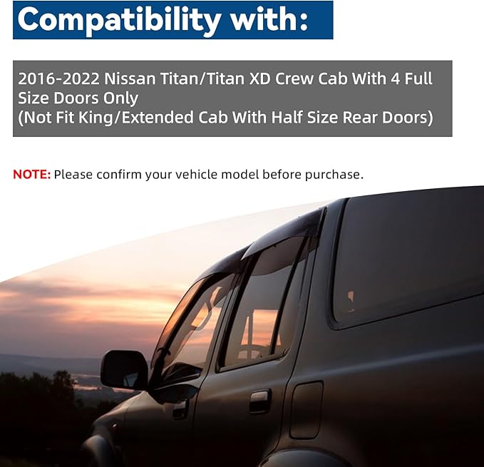 4pcs Front+Rear Smoke Tint Sun/Rain Guard Outside Mount Tape-On Vent Window Visors Compatible with 16-22 Titan/Titan XD Crew Cab with 4 Full Size Doors
