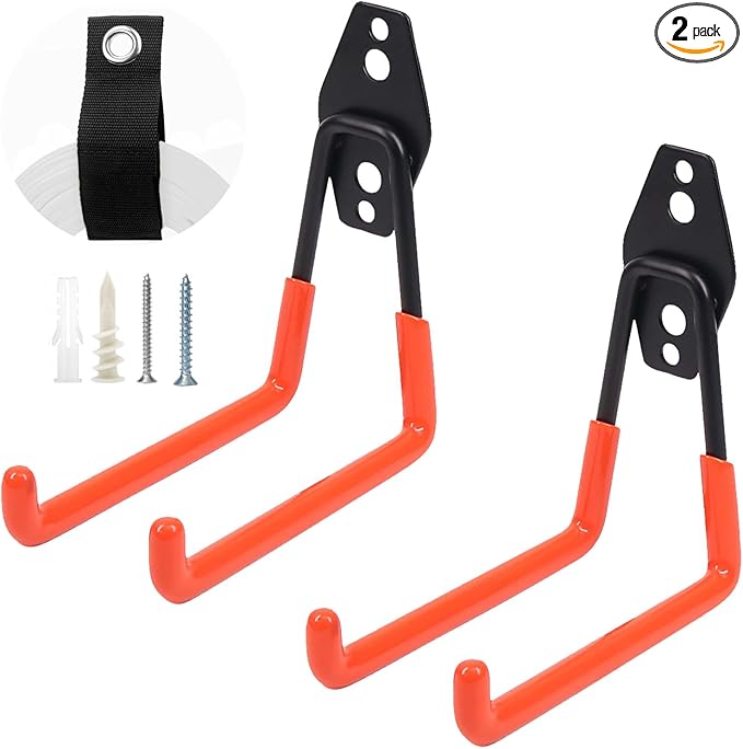 Heavy-Duty Garage Hooks -2 Pack Type medium J - Anti-Slip Coated Wall-Mounted Hooks Wall Mount Storage Organizer for Hanging Power and Garden Tools, Ladders, Hose, Bikes, Ropes, Bulk Items, and More