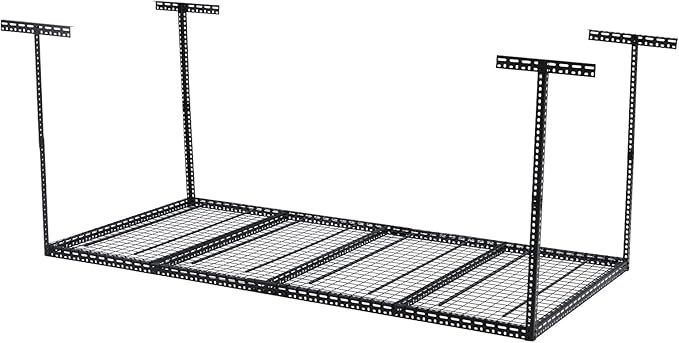Overhead Garage Storage Rack 4x6 FT, Steel Ceiling Shelves 330lb Capacity, Height Adjustable 22-40 Inches, Space-Saving for Attic Basement Shed (Black, 4 Posts)