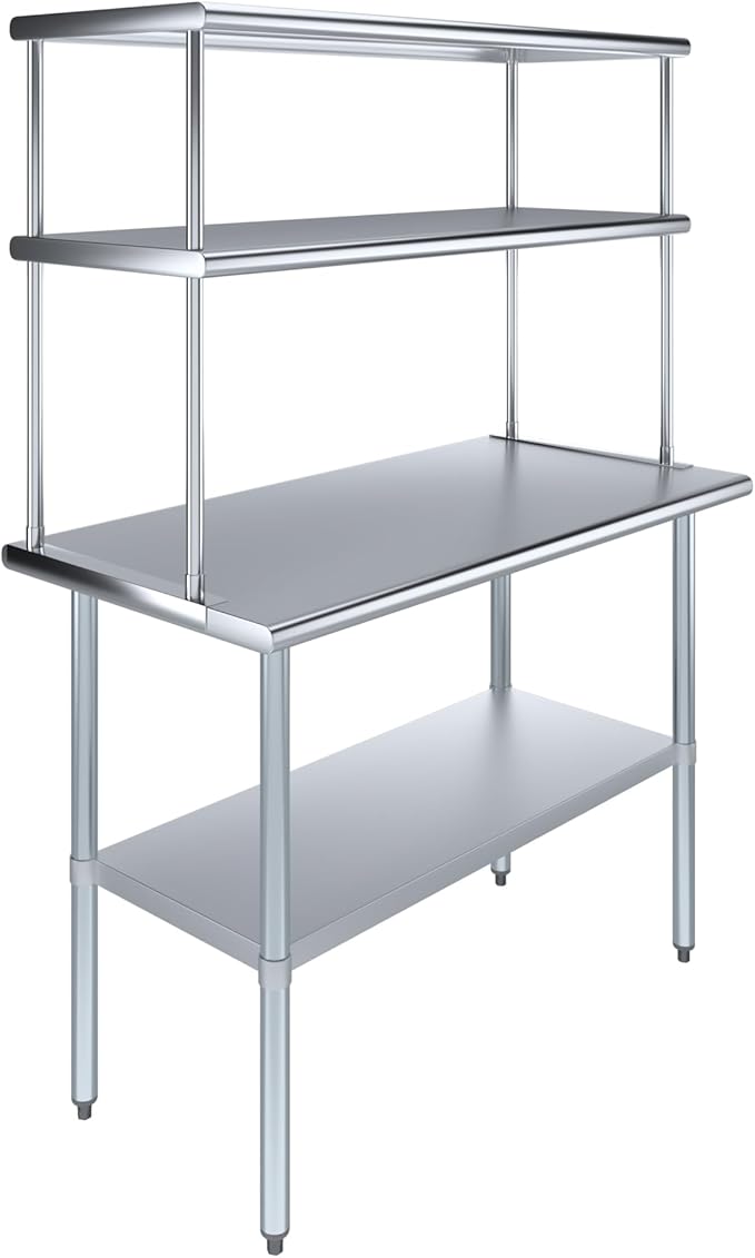 Amgood Stainless Steel Work Table Double Tier Overshelf | Metal Kitchen Prep Table & Shelving Combo | NSF (24" x 48" Work Table + 18" Overshelf)