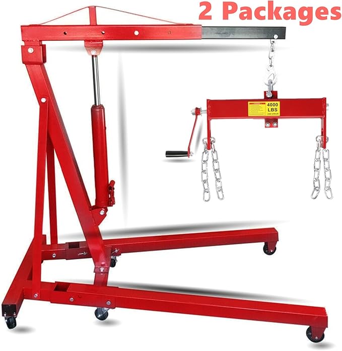 Engine Hoist 2 TON Folding Hydraulic Engine Motor Hoist with Load Leveler Lever, Cherry Picker Shop Cranes Lift Red Shop Crane 4000 lb (Engine Stand+Load Leveler)